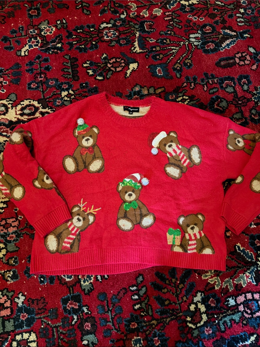 32 Degrees Red Knit Sweater with Multicolor Trim